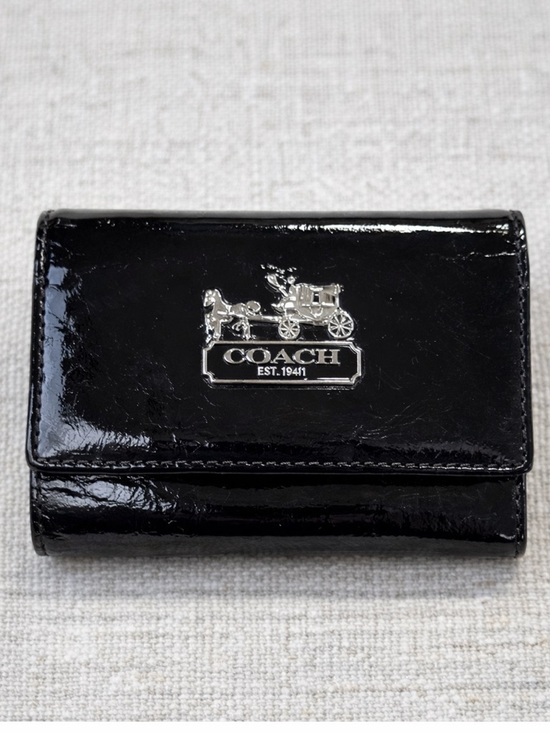 Coach Handbags - Coach Black Patent Leather Wallet Trifold Compact Snap Logo